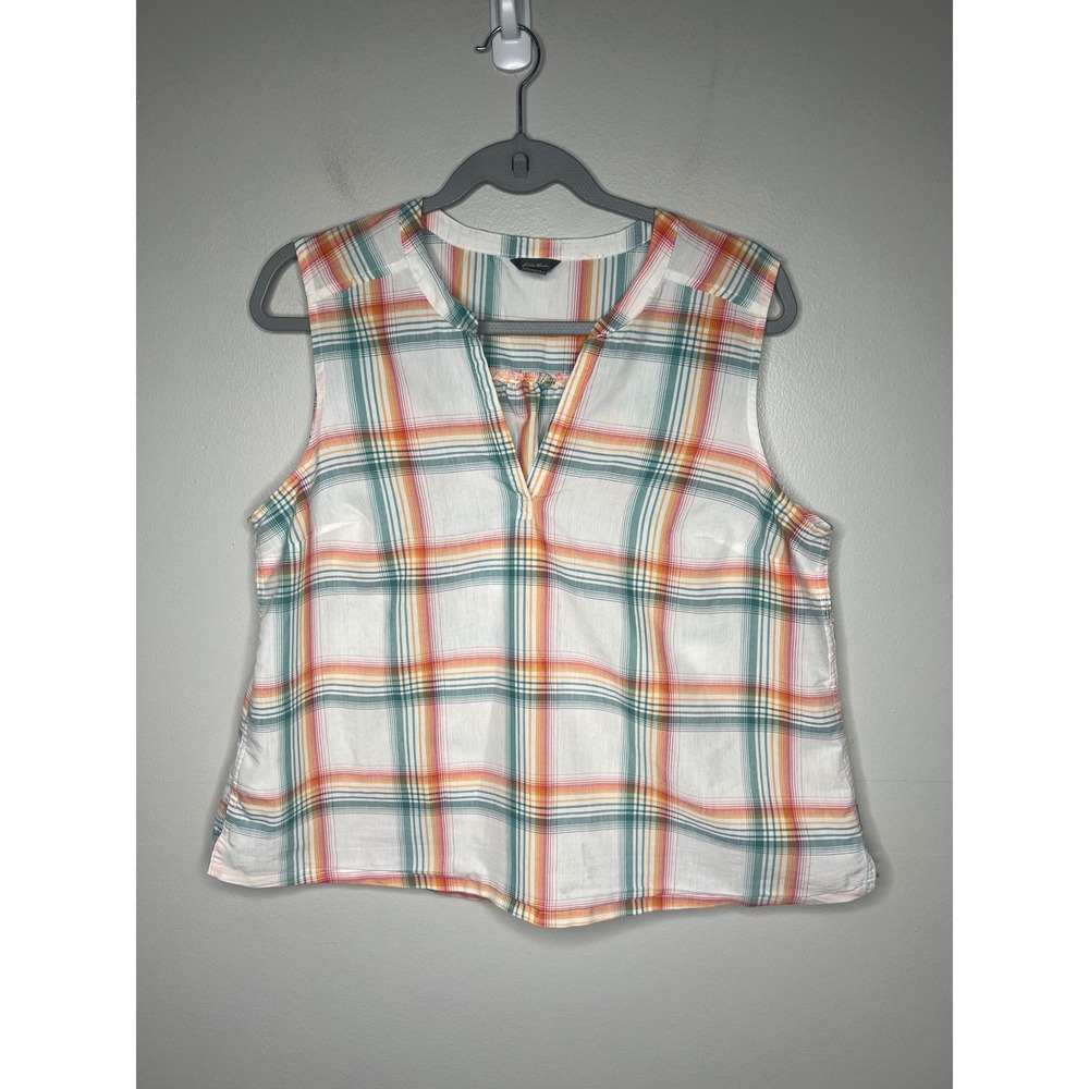 Eddie Bauer Plaid Sleeveless Etesian Splitneck Tank Top Blouse Women's L Cottage